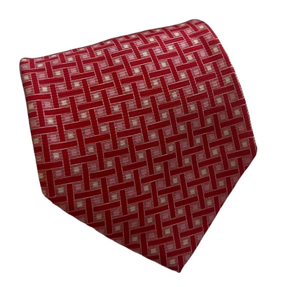Bijoux Terner Red Pink White Cross Hatch Geometric Pattern Silk Tie